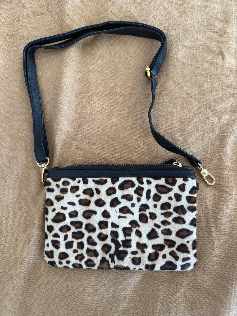 Cleobella Leopard Print Crossbody with Black Strap and Gold Hardware